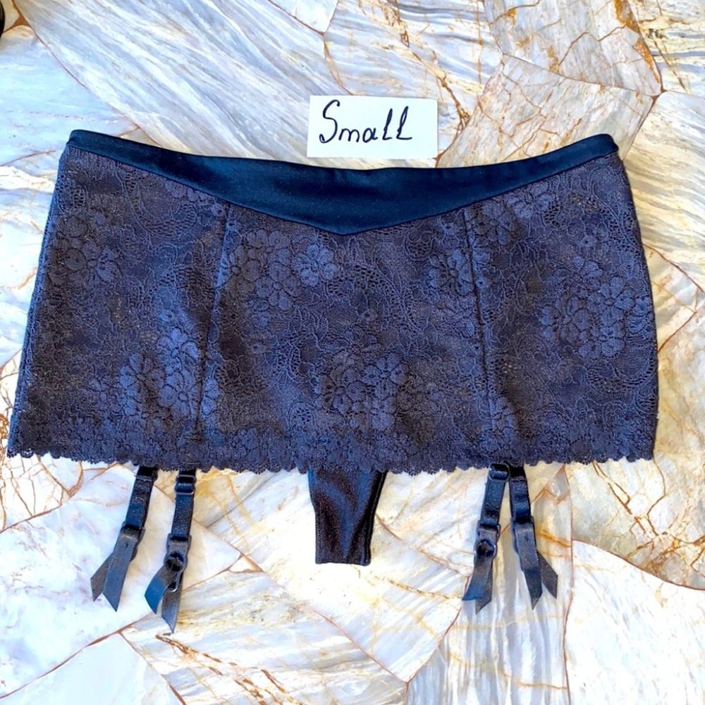 Garter Thong Panty Black Pearl Lace Satin Mesh S